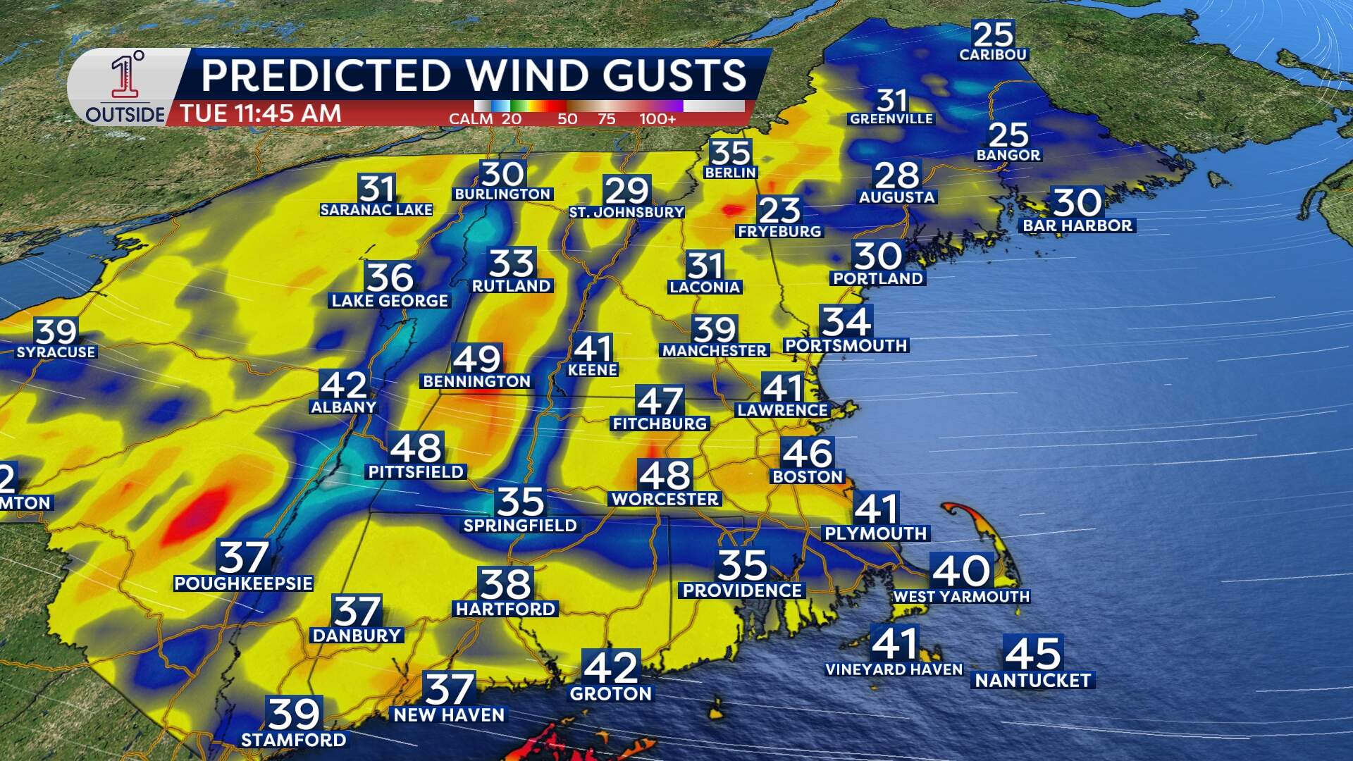 Forecasted wind gusts for Tuesday, Dec. 30, 2026. (Danielle Noyes/1DegreeOutside)