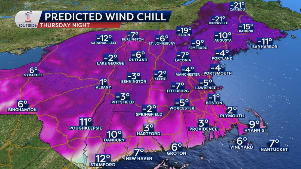 Predicted wind chill for the night of Thursday, Dec. 4, 2025. (Danielle Noyes/1DegreeOutside)