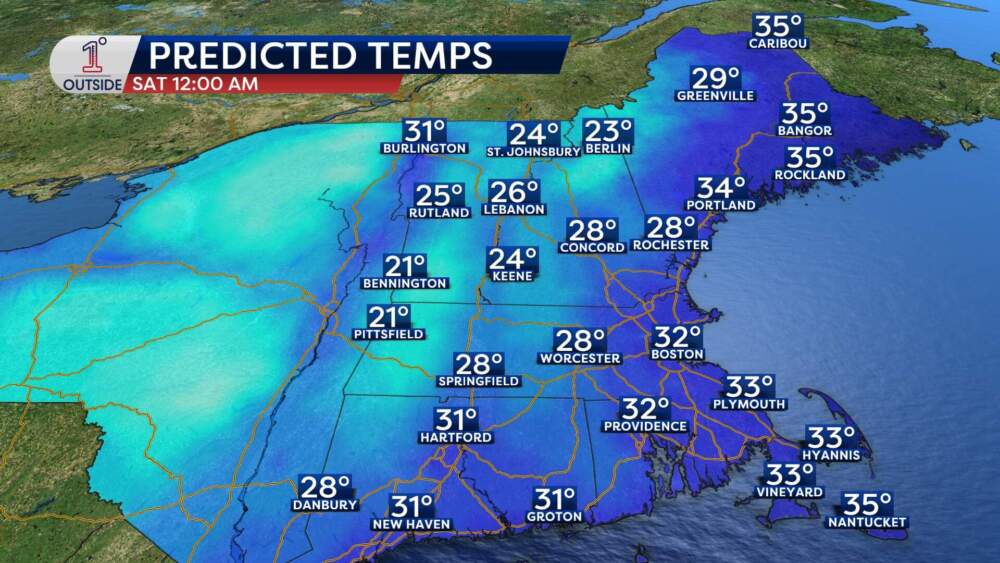 Forecasted temperatures for Saturday, Dec. 20 at 12 a.m. (Danielle Noyes/1DegreeOutside)