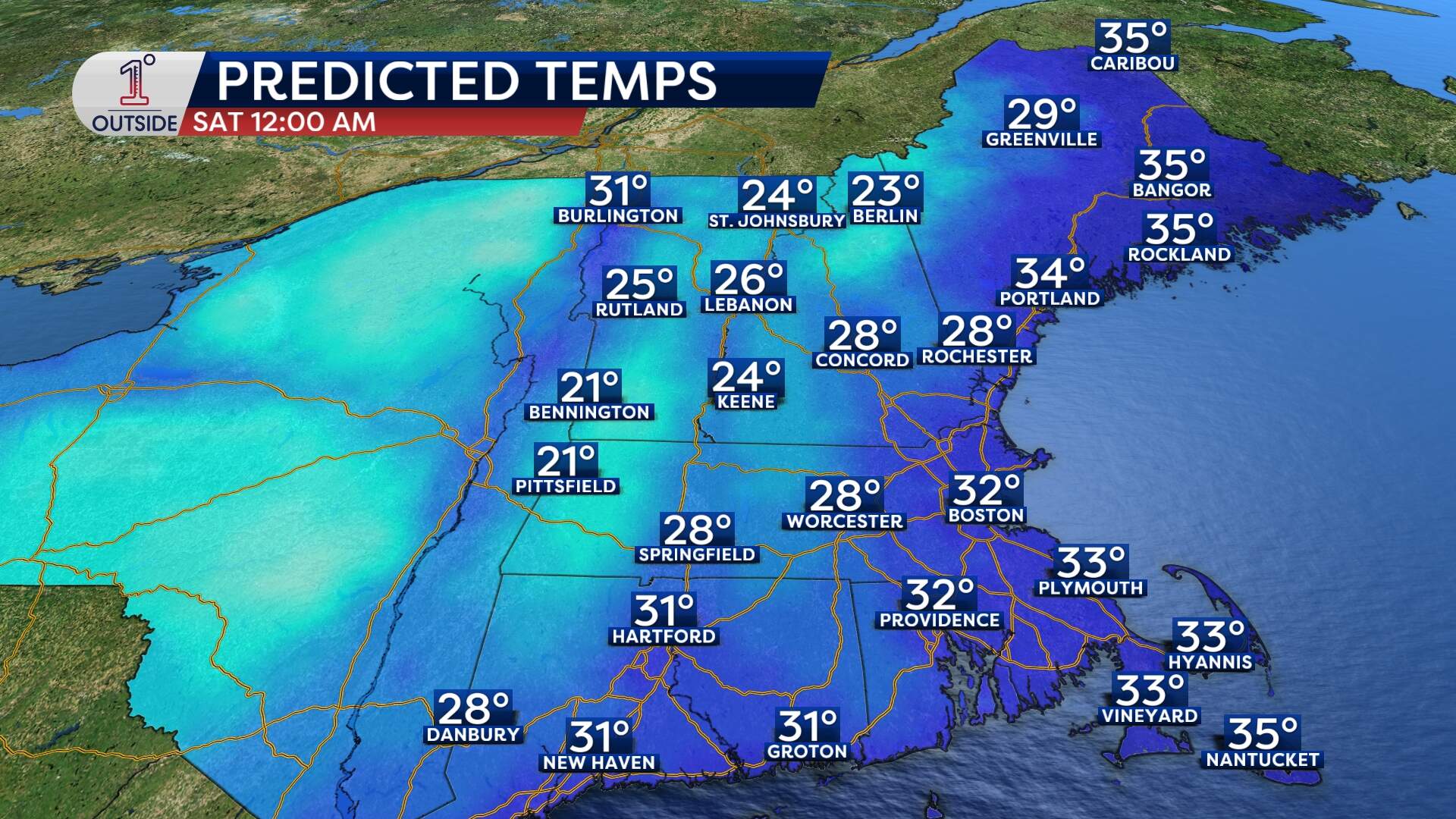 Forecasted temperatures for Saturday, Dec. 20 at 12 a.m. (Danielle Noyes/1DegreeOutside)