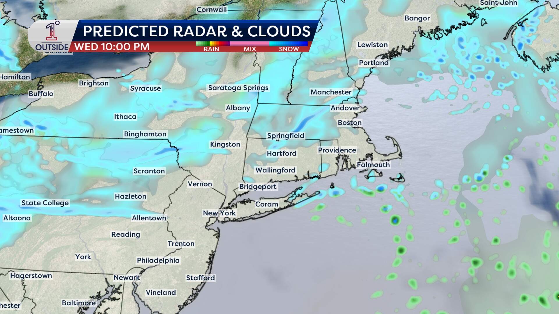Predicted clouds and precipitation for New Year's Eve, 2025. (Danielle Noyes/1DegreeOutside)