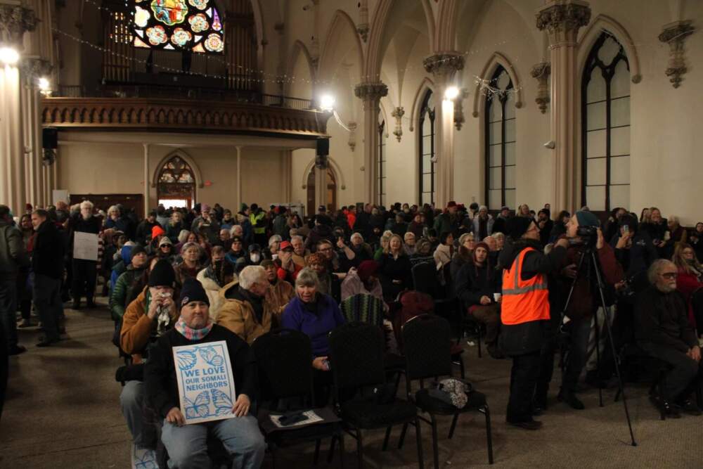 Hundreds of supporters packed into the Agora Palace Event Center in Lewiston on Saturday, Dec. 13, 2025. (Ari Snider/Maine Public)
