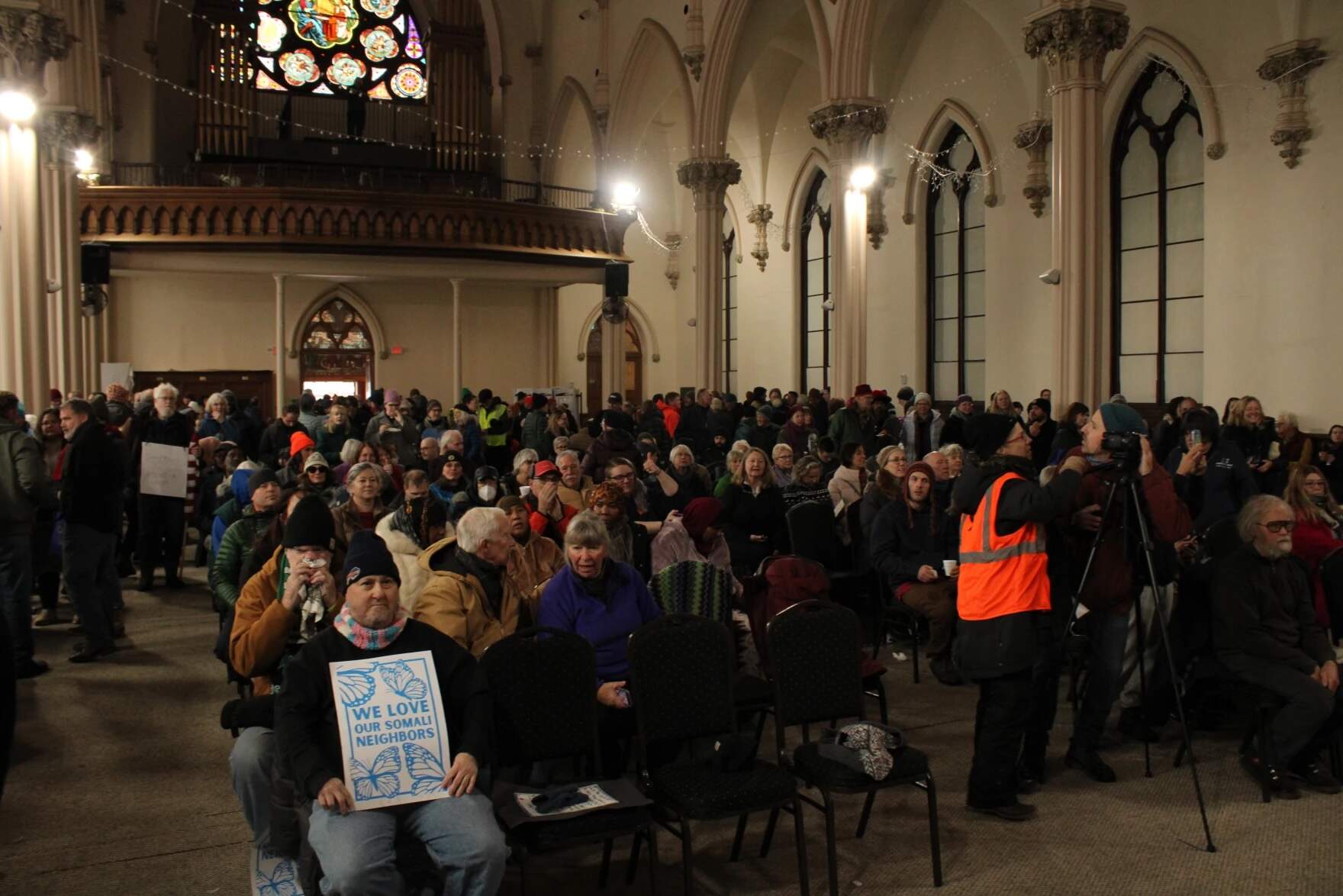 Hundreds of supporters packed into the Agora Palace Event Center in Lewiston on Saturday, Dec. 13, 2025. (Ari Snider/Maine Public)