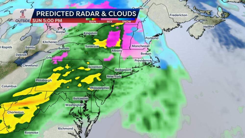 Precipitation radar for Sunday. (Danielle Noyes/1DegreeOutside)