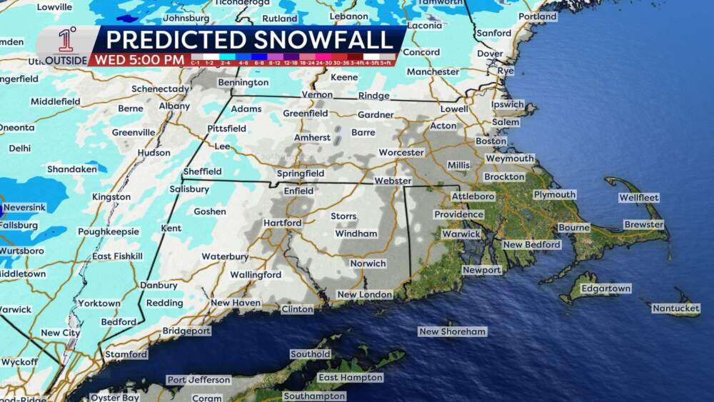 Snowfall totals predicted for across the region by Wednesday. (Danielle Noyes/1DegreeOutside)