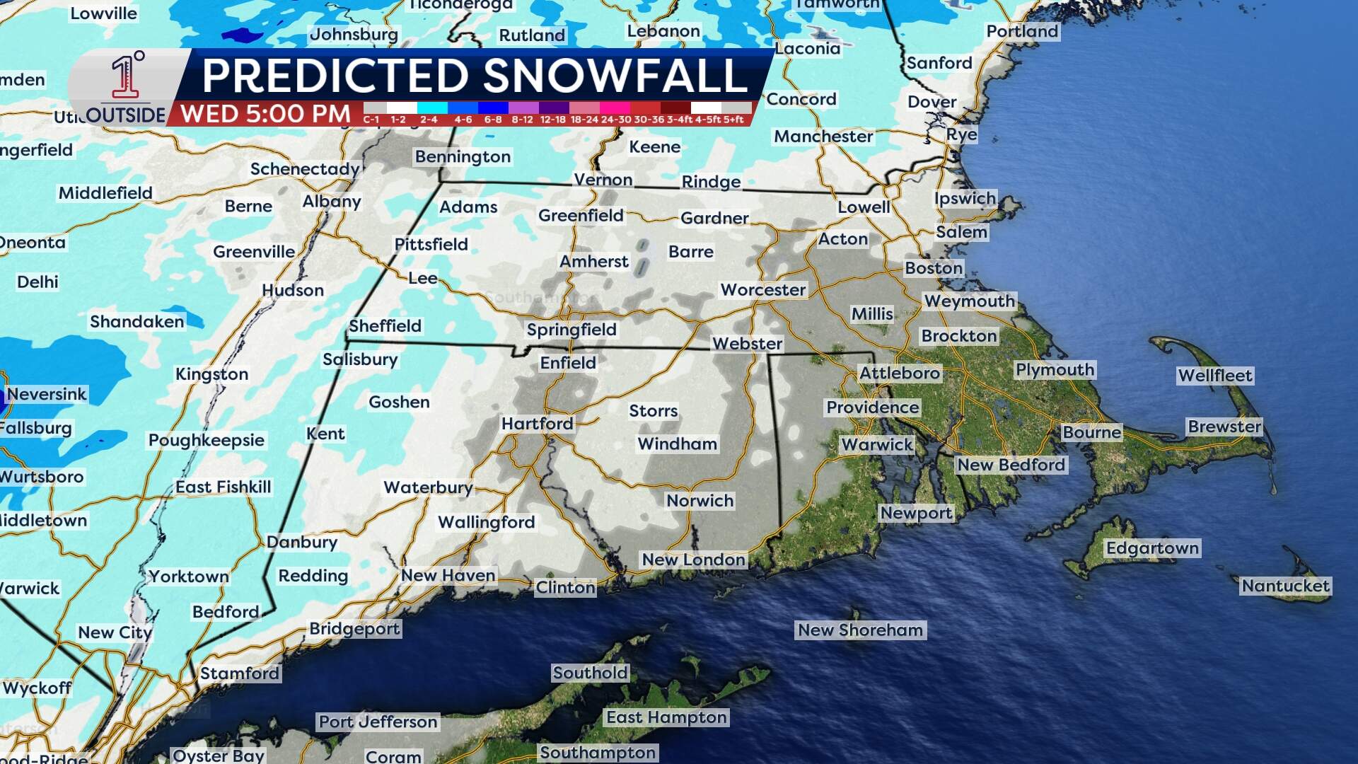 Snowfall totals predicted for across the region by Wednesday. (Danielle Noyes/1DegreeOutside)