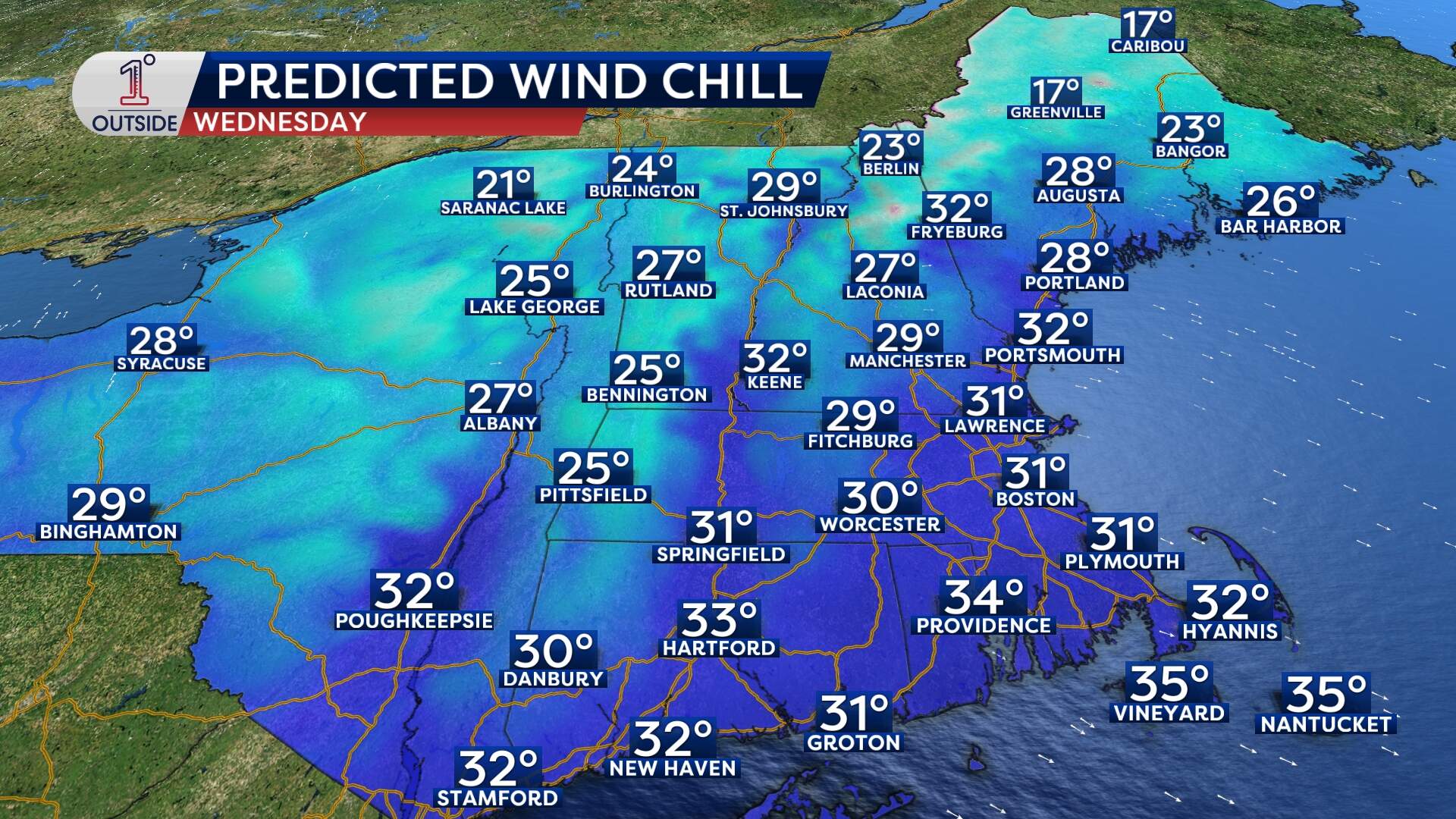 Predicted wind chill for Wednesday, Dec. 3, 2025. (Danielle Noyes/1DegreeOutside)