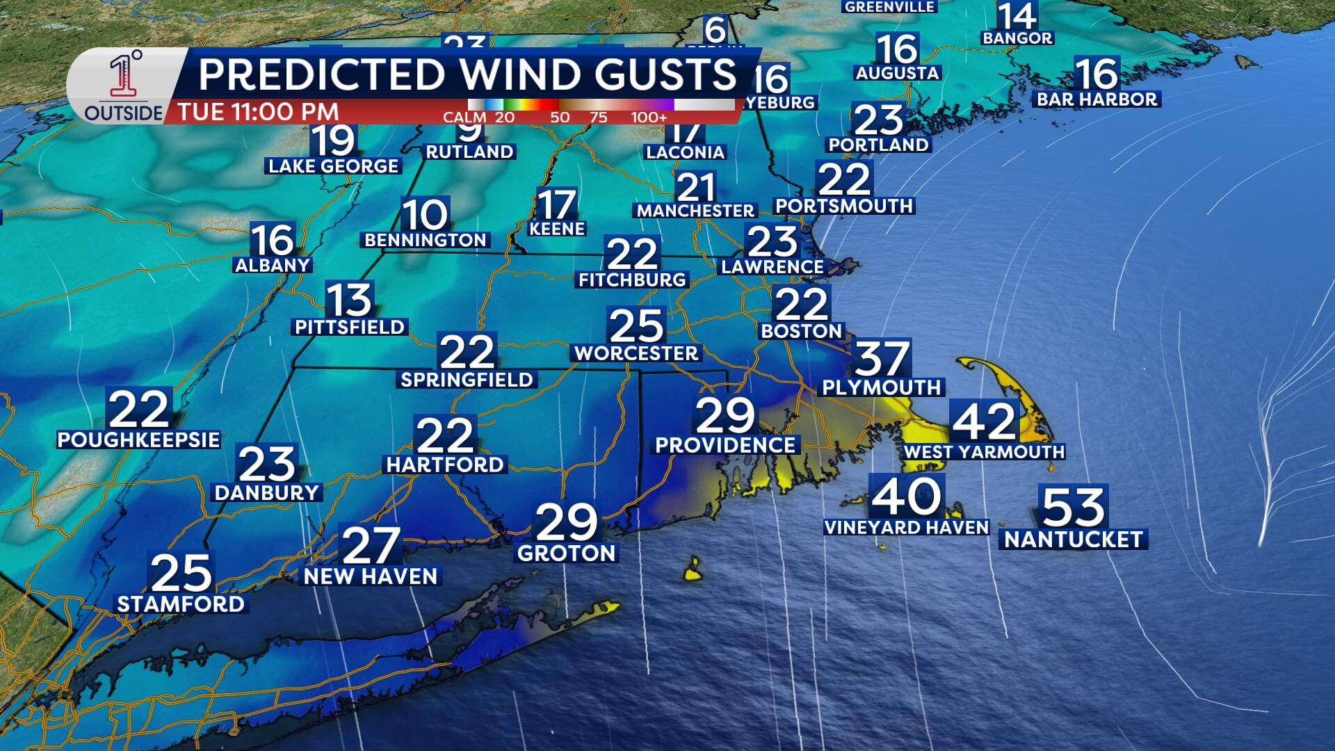 Predicted wind gusts on Tuesday, Dec. 2, 2025. (Danielle Noyes/1DegreeOutside)