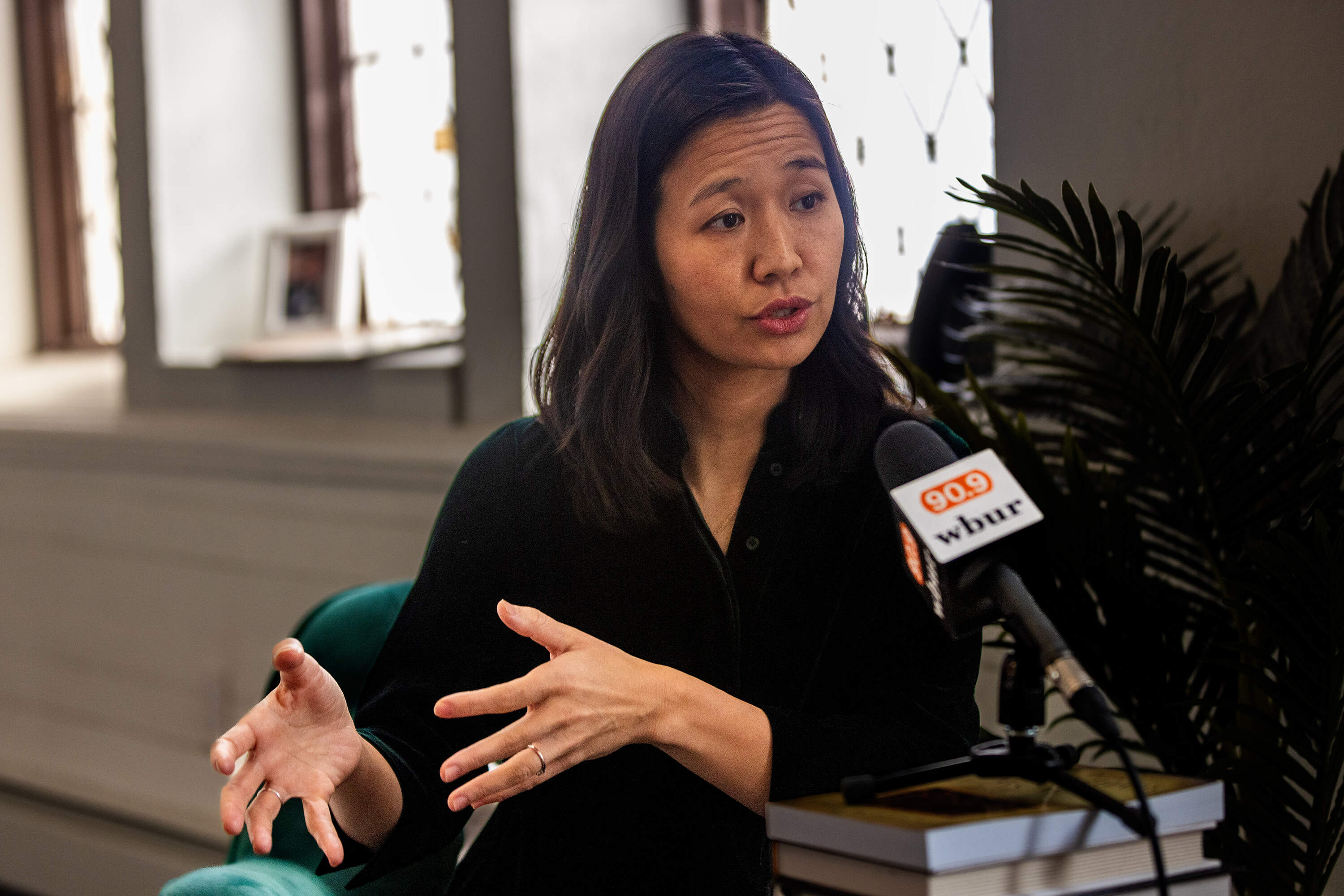 Mayor Michelle Wu speaks during an interview at Union Church in the South End. (Jesse Costa/WBUR)
