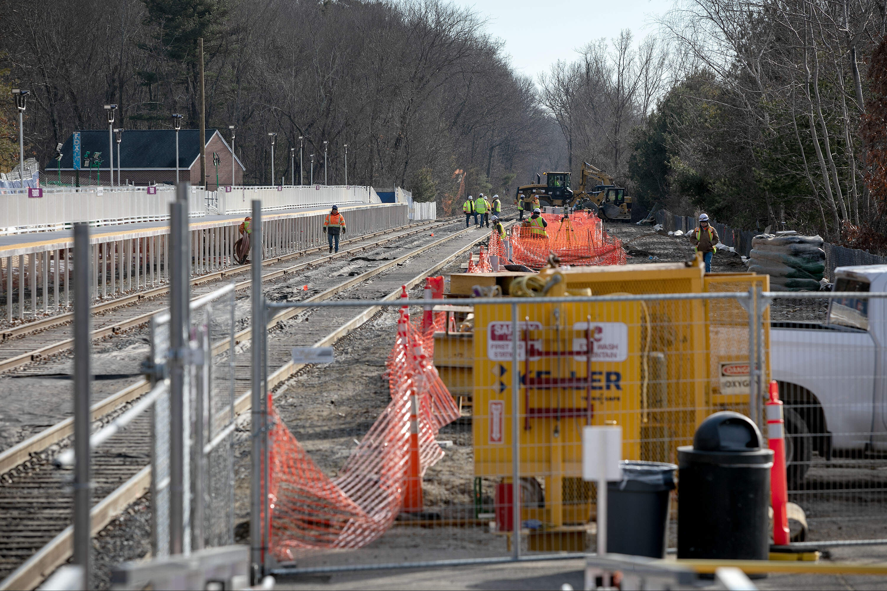 Work under way to expand the MBTA's Foxboro Station to improve rail passenger access to events at Gillette Stadium. (Robin Lubbock/WBUR)