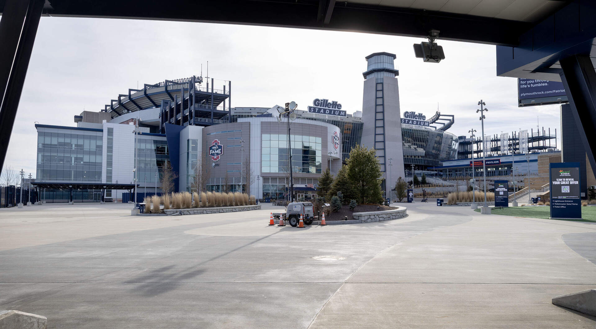 Gillette Stadium ias seen from the underpass that leads to the Foxboro commuter rail station. (Robin Lubbock/WBUR)