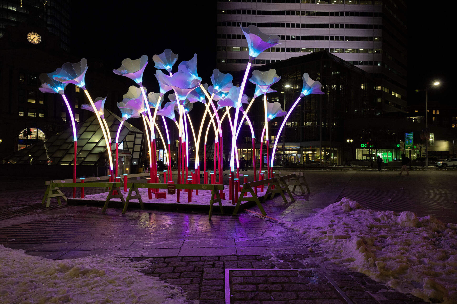 "Trumpet Flowers" by Amigo &amp; Amigo is an interactive musical installation in Dewey Square, part of Winteractive. (Robin Lubbock/WBUR)