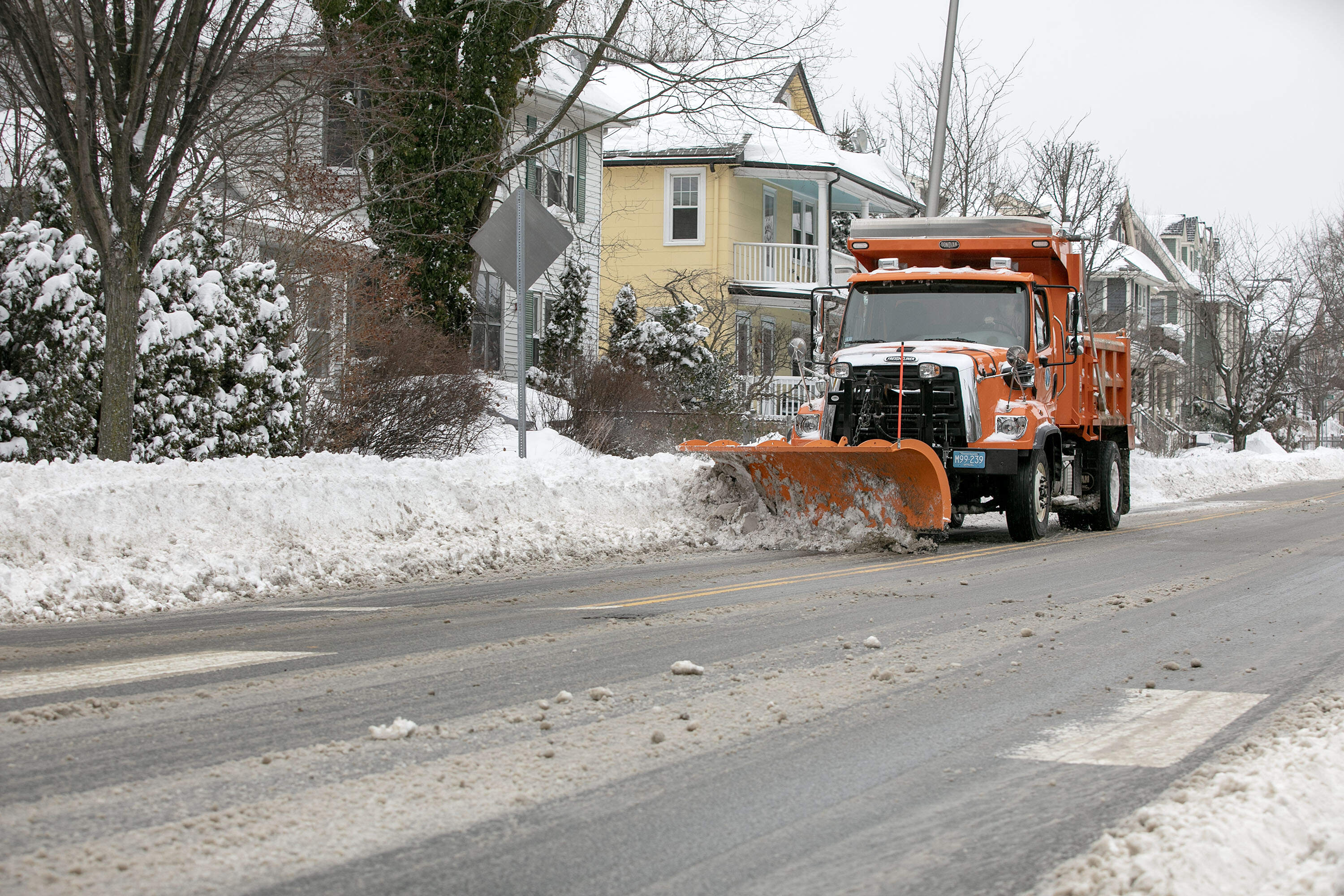 A snowplow clears up Concord Avenue in Cambridge in the wake of the Boston area's biggest snowstorm in years.