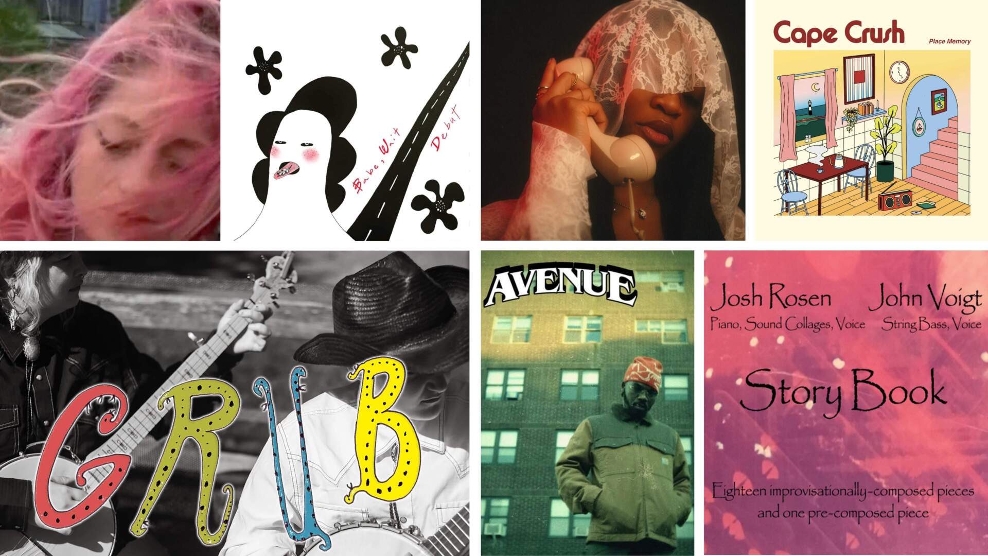 Album covers clockwise from top left: Brynn's "Impossible Shoes" (Courtesy Aidan La Poche); Babe, Wait's "debut" (Courtesy Casey Wait); Sanyé's "FOR THE WAIT II" (Courtesy Josh Carter); Cape Crush's "Calm &amp; Delivered" (Courtesy Katie Scarlett); Josh Rosen and John Voigt's "Story Book" (Courtesy Helena Burgueño/Josh Rosen); Avenue's "Fortune Favors Risk" (Photo by Charles Welch; graphic design by Randy Price); and Sweet Petunia's "Grub" (Photo by JJ Gonson; design by Riley Halliday).