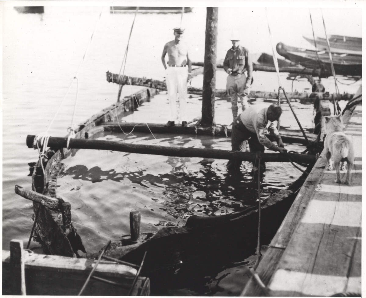 The gunboat Philadelphia being raised from Lake Champlain, 1935. (Courtesy of the Smithsonian Institution)