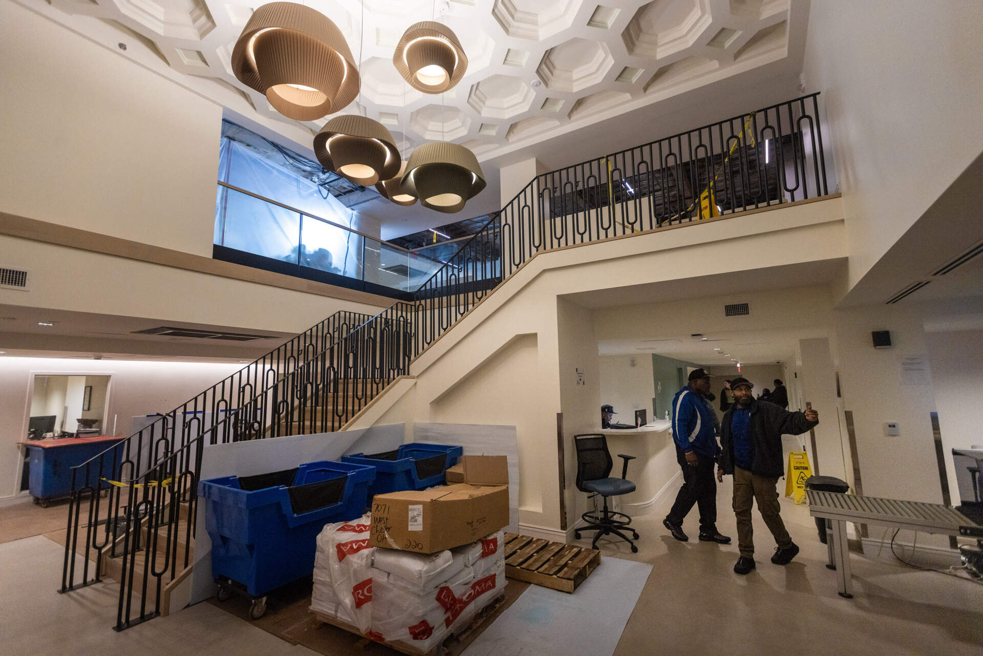 The main lobby of St. Francis House during renovation. It's been reimagined to give guests a hotel-like feel when they arrive, according to shelter leaders and the project manager leading the redesign. (Jesse Costa/WBUR)