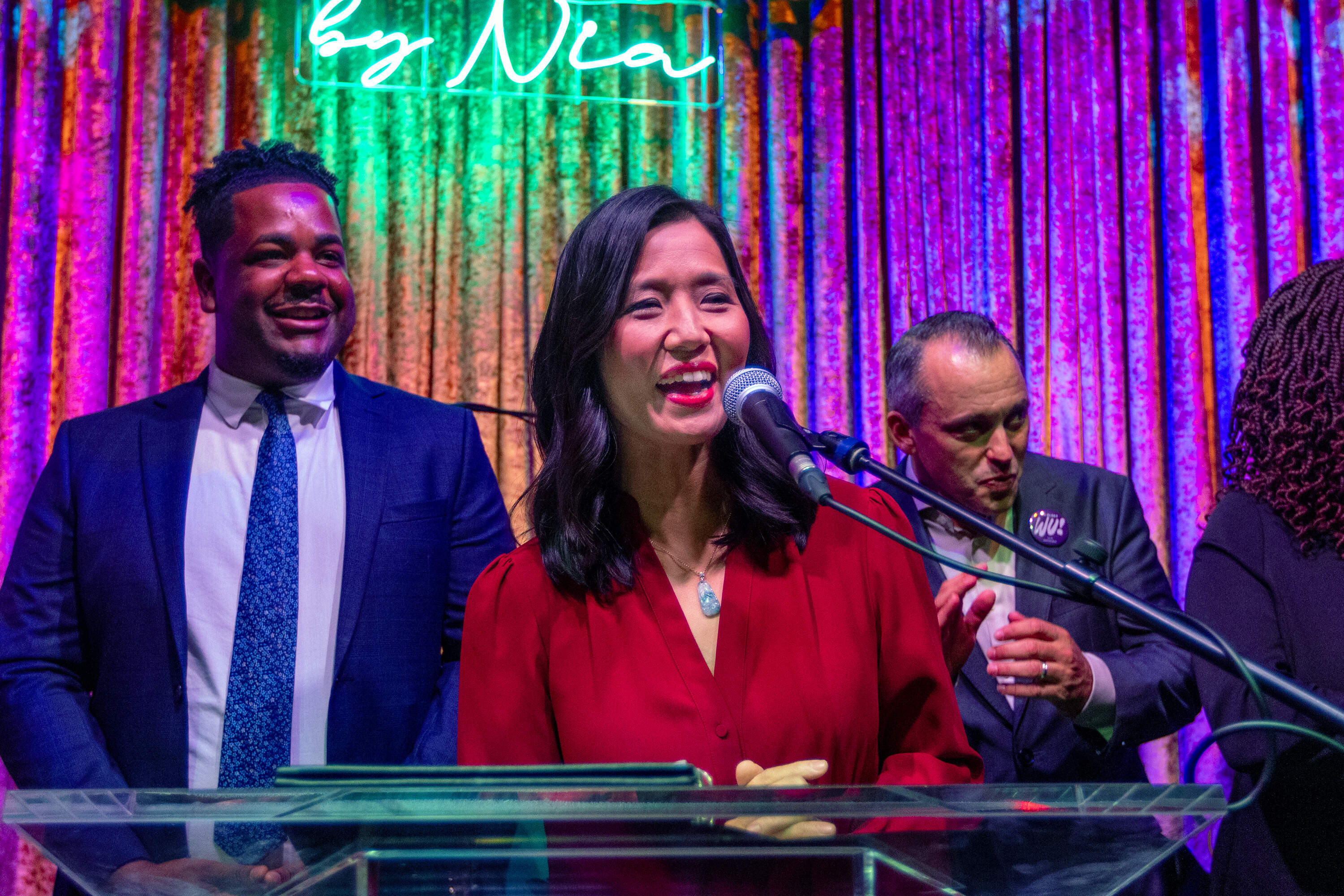 Mayor Michelle Wu speaks to supporters at her Election Night party at Grace by Nia in the Seaport on Nov. 4, 2025. (Jesse Costa/WBUR)