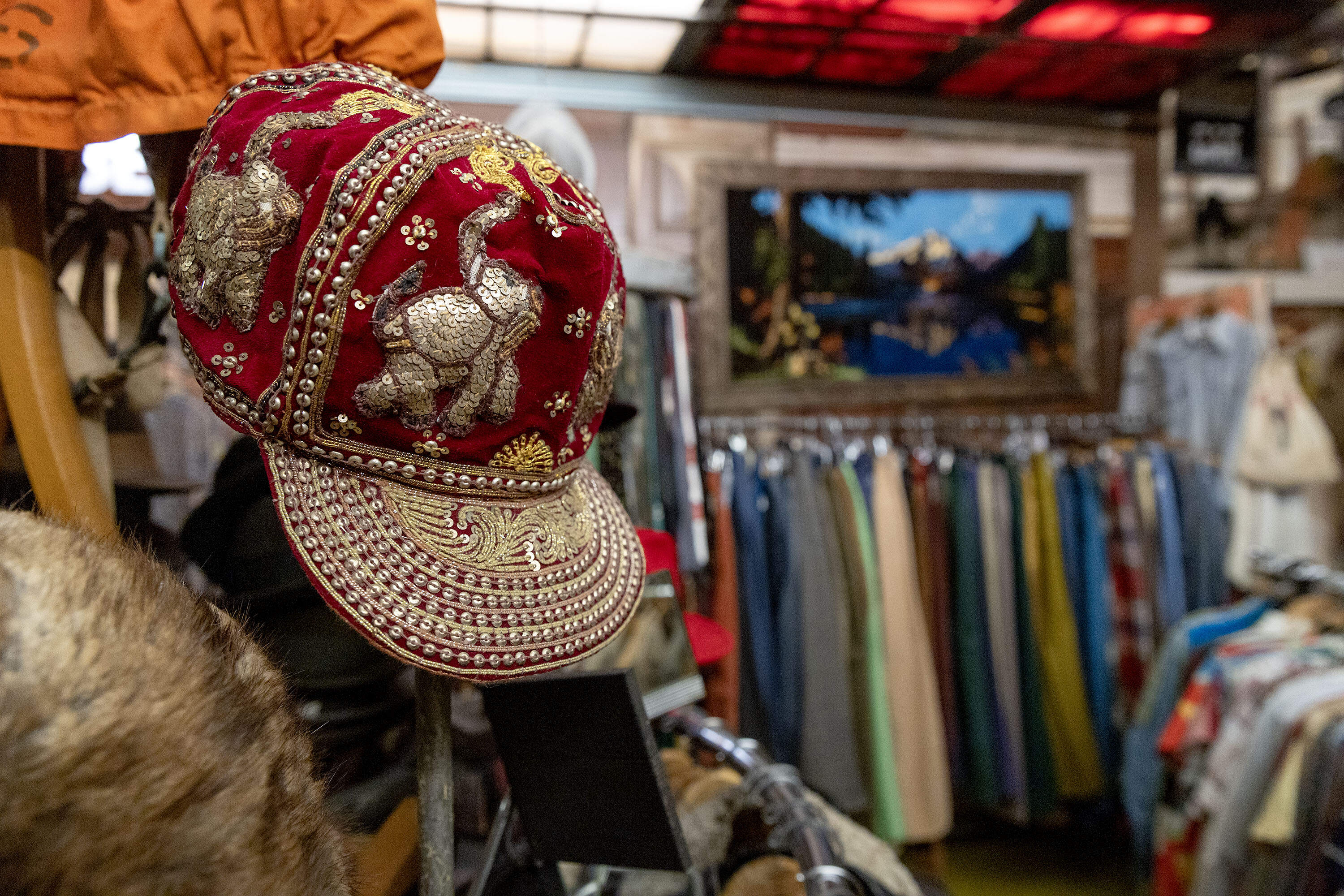 A sequined hat at Circa Vintage Wear. (Robin Lubbock/WBUR)