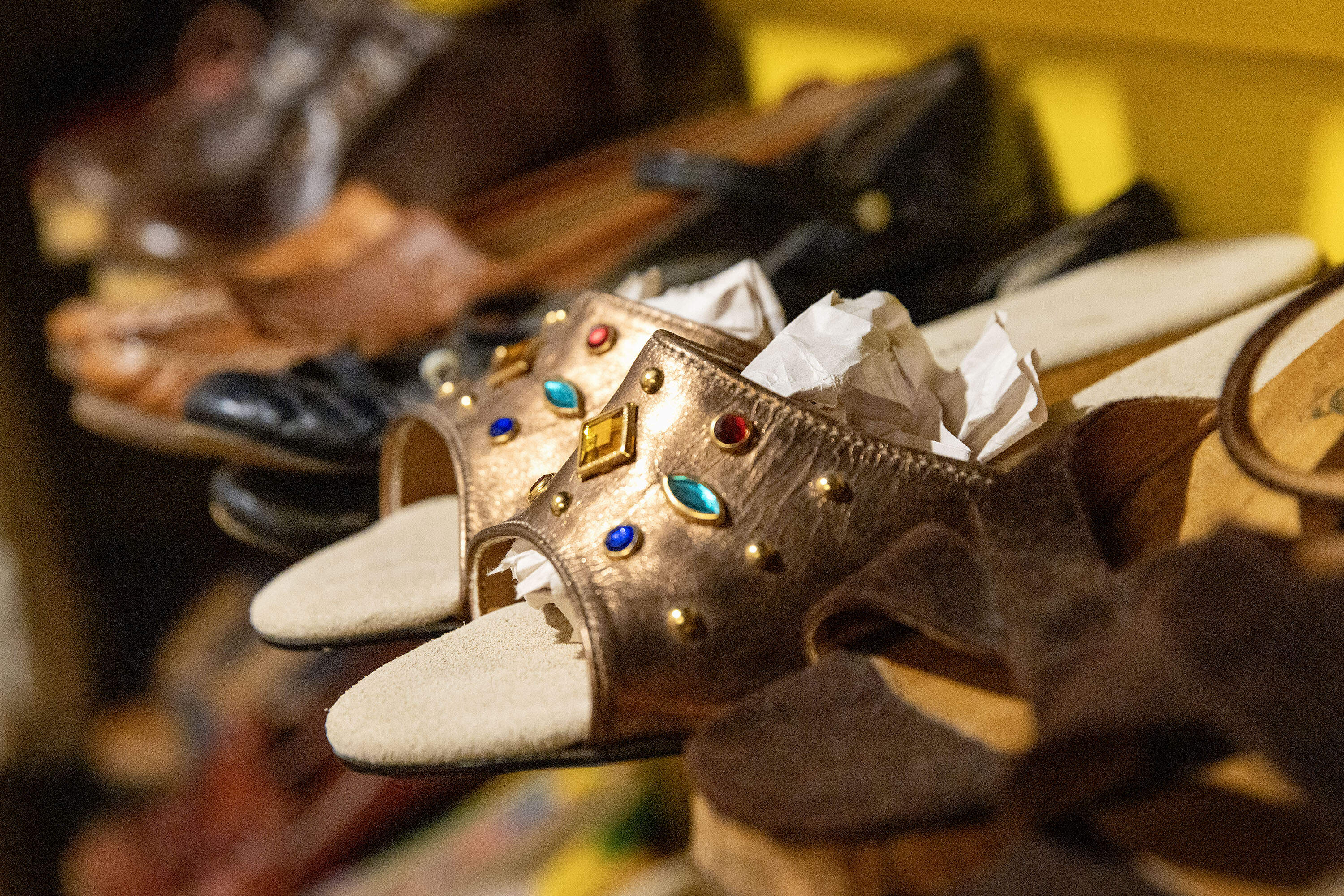 Bejeweled vintage slippers at Circa Vintage. (Robin Lubbock/WBUR)