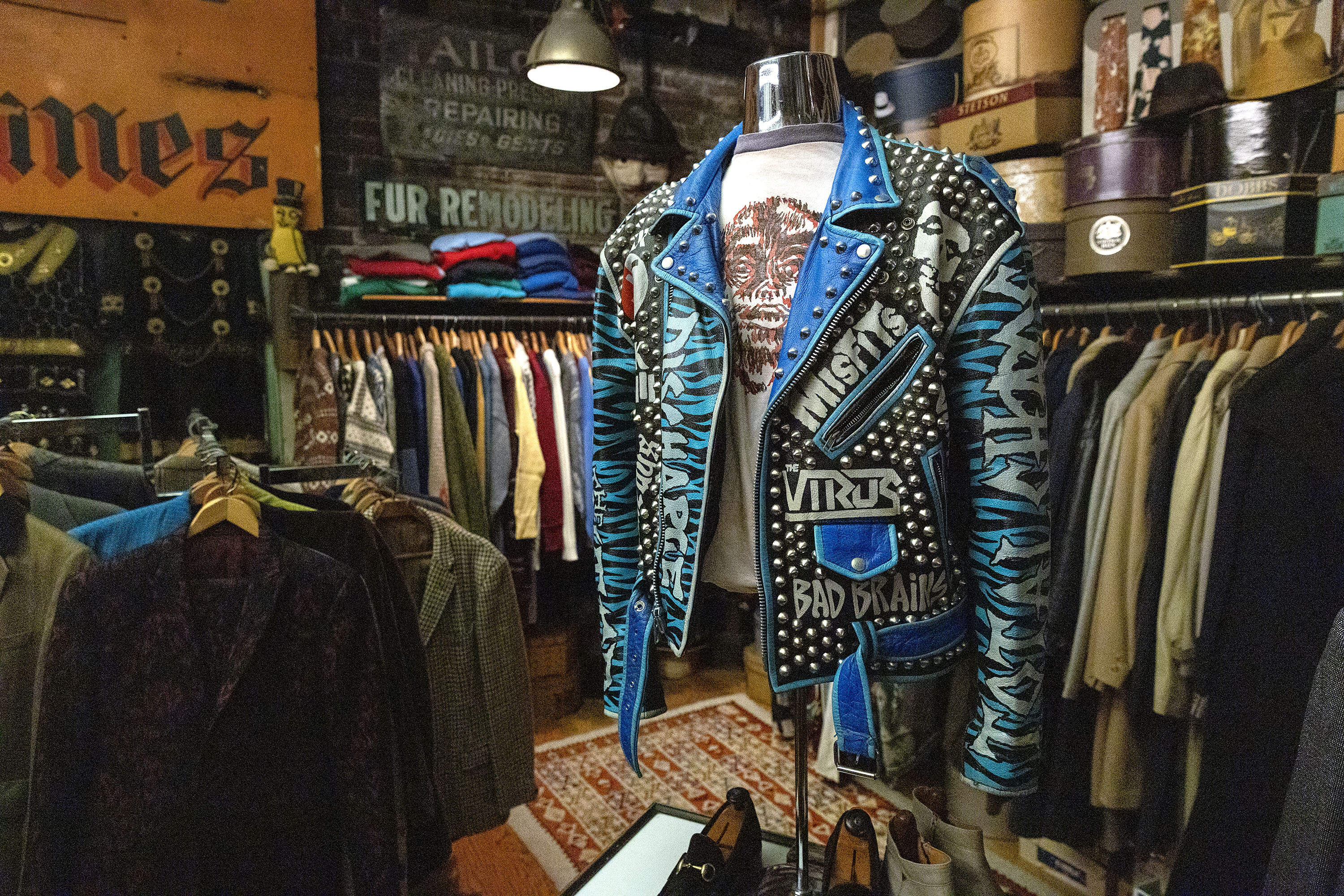 A studded leather jacket at Circa Vintage Wear. (Robin Lubbock/WBUR)