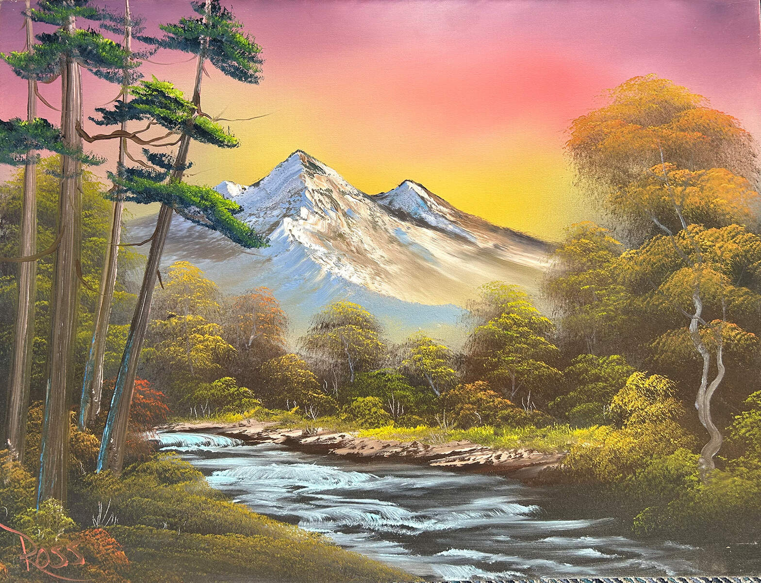 "Change of Seasons," painted by television host Bob Ross in 1990, broke a record for a Ross piece sold at auction. (Courtesy of Bonhams Skinner)