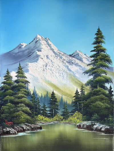 Bob Ross' painting "Valley View," which he created for an instructional book, set for auction in Massachusetts. (Courtesy of Bonhams)