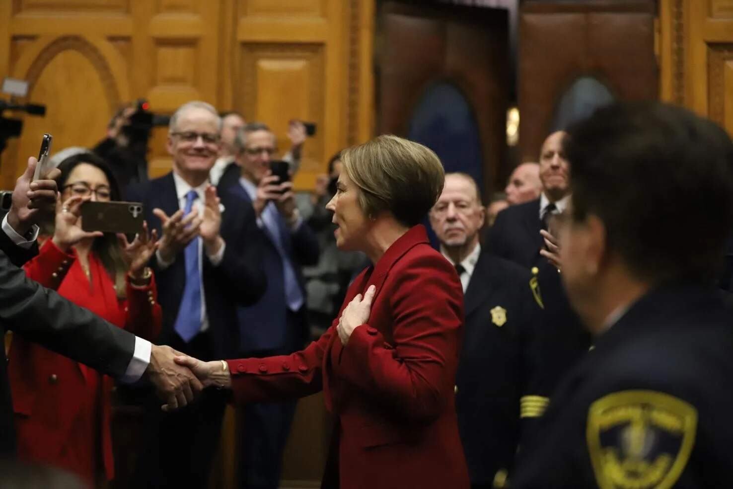Gov. Maura Healey enters the House chamber ahead of the State of the Commonwealth on Jan. 22, 2026.