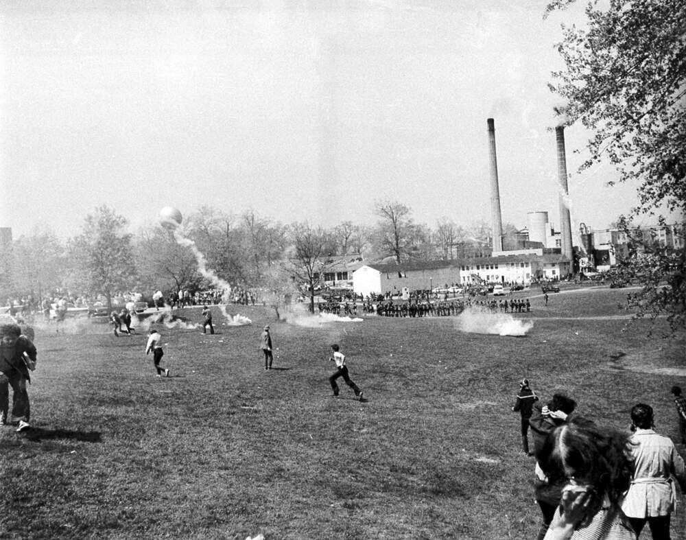 A general view shows tear gas and students during an anti-Vietnam war protest at Kent State University in Kent Ohio, May 4, 1970. U.S. National Guardsmen opened fire during the protests killing four students and wounding five. (Larry Stoddard/AP)
