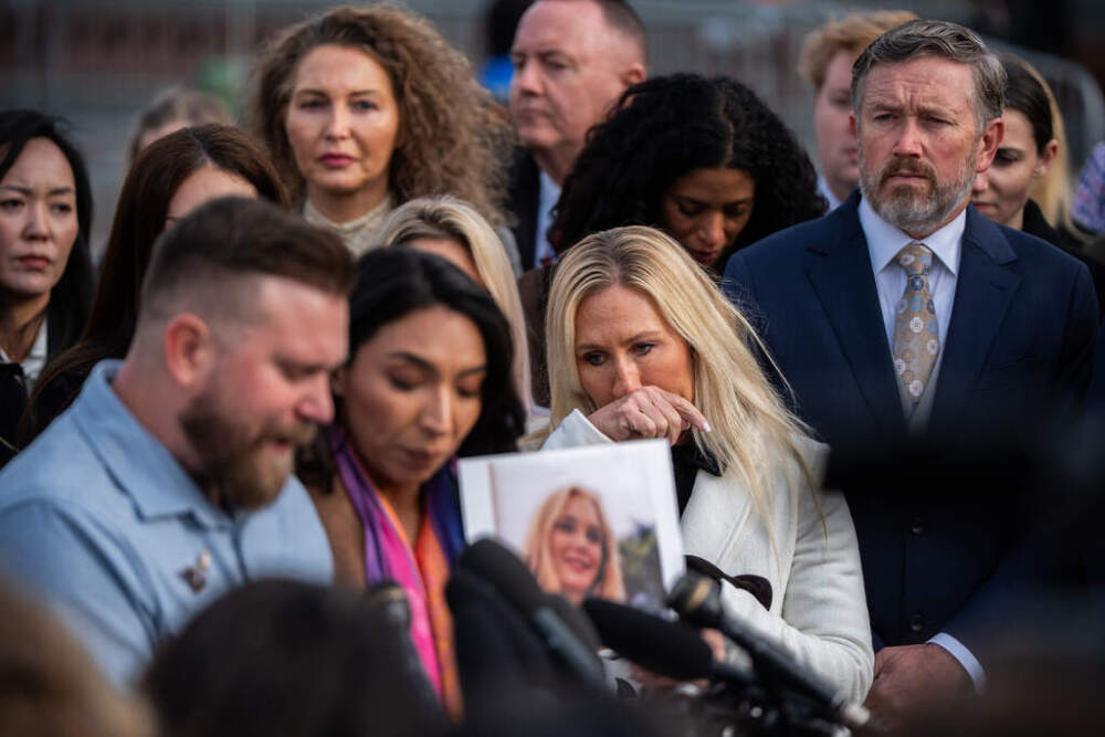 Rep. Marjorie Taylor Greene, R-Ga., second from right, and Rep. Thomas Massie, R-Ky., right, react during a news conference on the Epstein Files Transparency Act on Nov. 18, 2025, at the U.S. Capitol in Washington. (Julia Demaree Nikhinson/ AP)