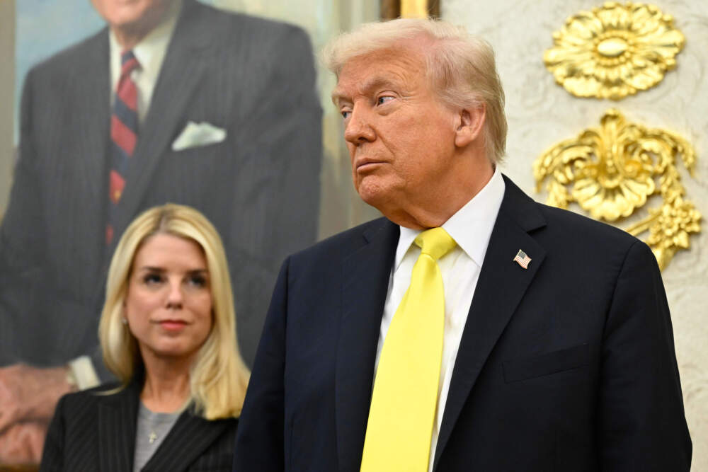 President Donald Trump and Attorney General Pam Bondi listen as FBI Director Kash Patel speaks during an event in the Oval Office at the White House, Oct. 15, 2025, in Washington. (John McDonnell/AP)
