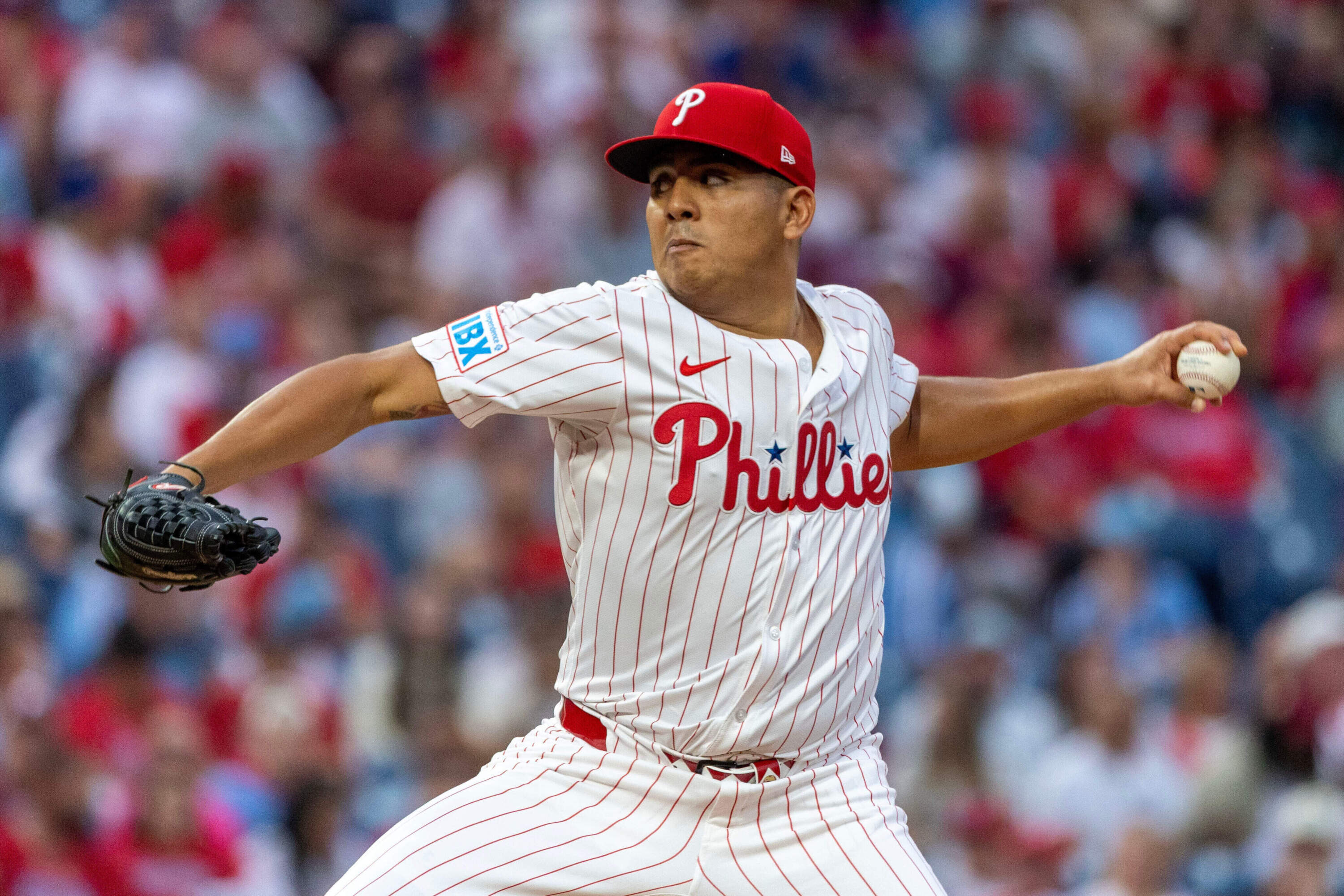 Red Sox starting pitcher Ranger Suárez during a Philadelphia Phillies game in 2025. (AP Photo/Laurence Kesterson, File)