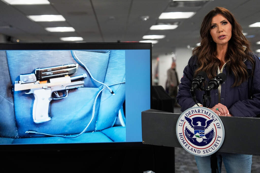 Homeland Security Secretary Kristi Noem speaks about the man in Minneapolis who was killed by a federal immigration officer earlier in the day during a news conference at the Federal Emergency Management Agency headquarters, Saturday, Jan. 24, 2026, in Washington. (AP Photo/Julia Demaree Nikhinson)