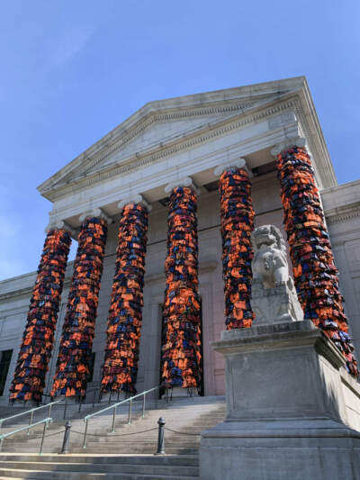 Minneapolis Institute of Art columns with Ai Weiwei's life jackets art installation "Safe Passage" in May 2020. (Courtesy Maribeth Romslo)