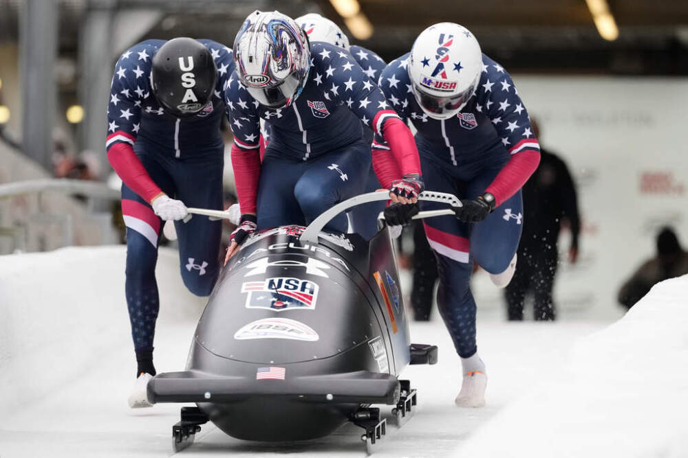 Kris Horn (front), Carsten Vissering, Hunter Powell and Caleb Furnell, of the United States, compete in the 4-man bobsled race at the Bobsleigh World Cup in Innsbruck, Austria, Sunday, Nov. 30, 2025. (Matthias Schrader/AP)