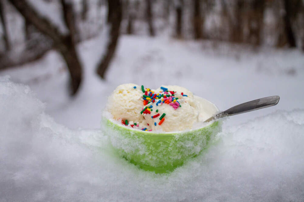 A dish of snow cream sits in the snow in Bow, N.H. (Holly Ramer/AP)