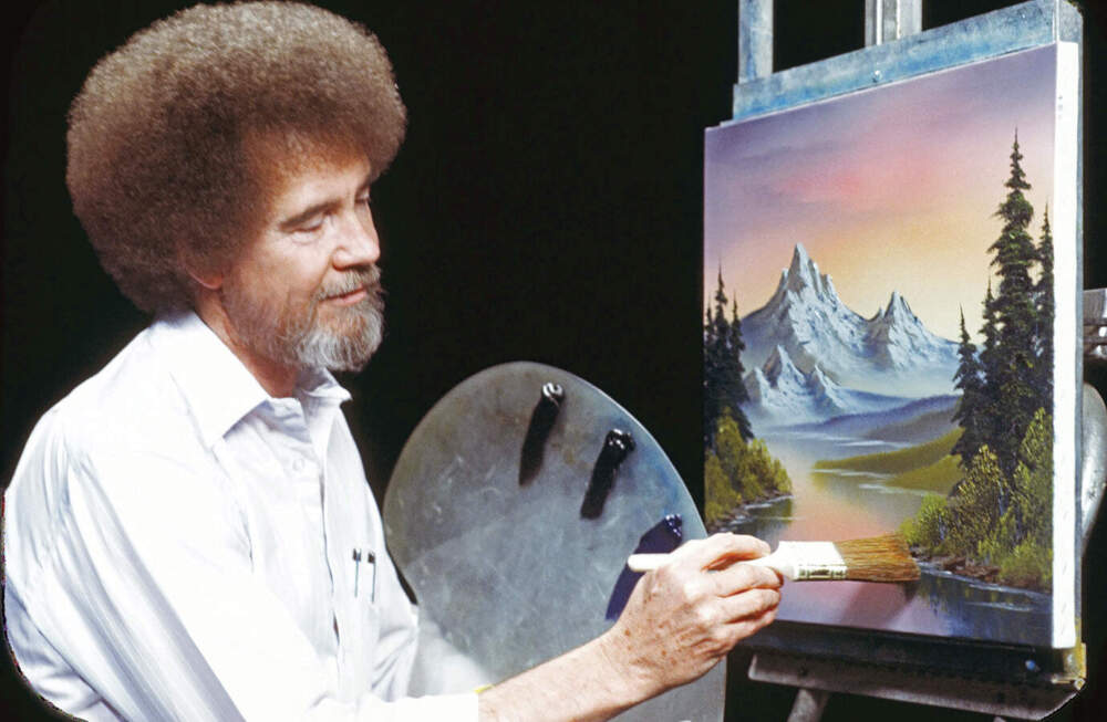 Bob Ross paints "Change of Seasons" during the taping of his television show in 1990. (Courtesy of Bob Ross Inc.)