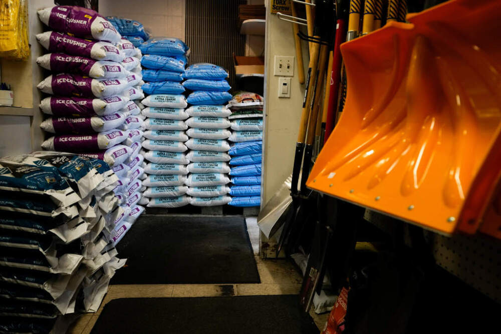 Salt and shovels are displayed for sale at Ankeny Hardware in Portland, Ore. (AP Photo/Jenny Kane, File)