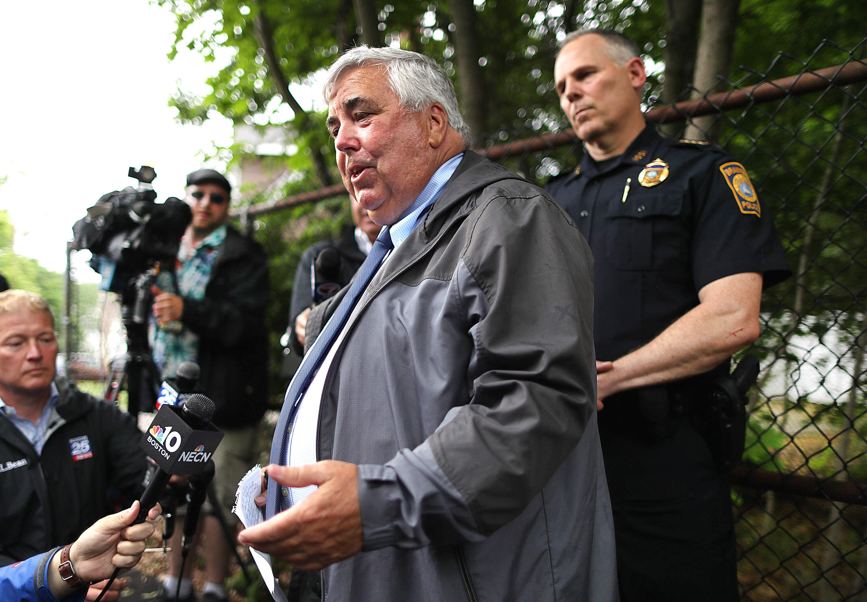 Norfolk County District Attorney Michael Morrissey speaks at a press conference in Braintree, June 4, 2021. (John Tlumacki/The Boston Globe via Getty Images)