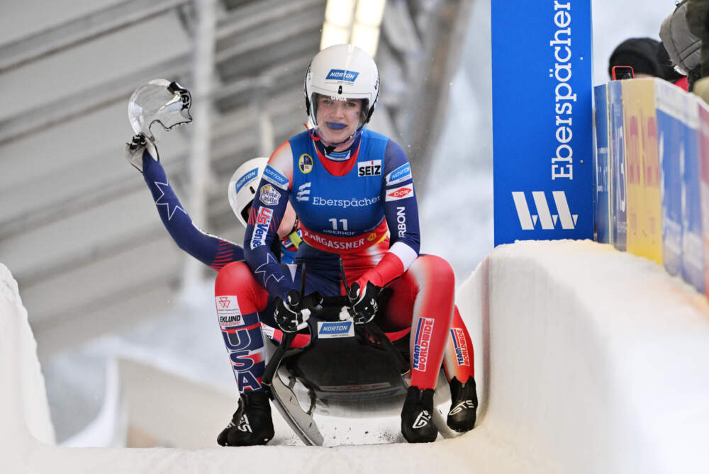 Chevonne Forgan, front, and Sophia Kirkby from the USA at the finish line in the women's doubles at the Oberhof Luge World Cup, Dec. 14, 2024. (Martin Schutt/picture alliance via Getty Images)
