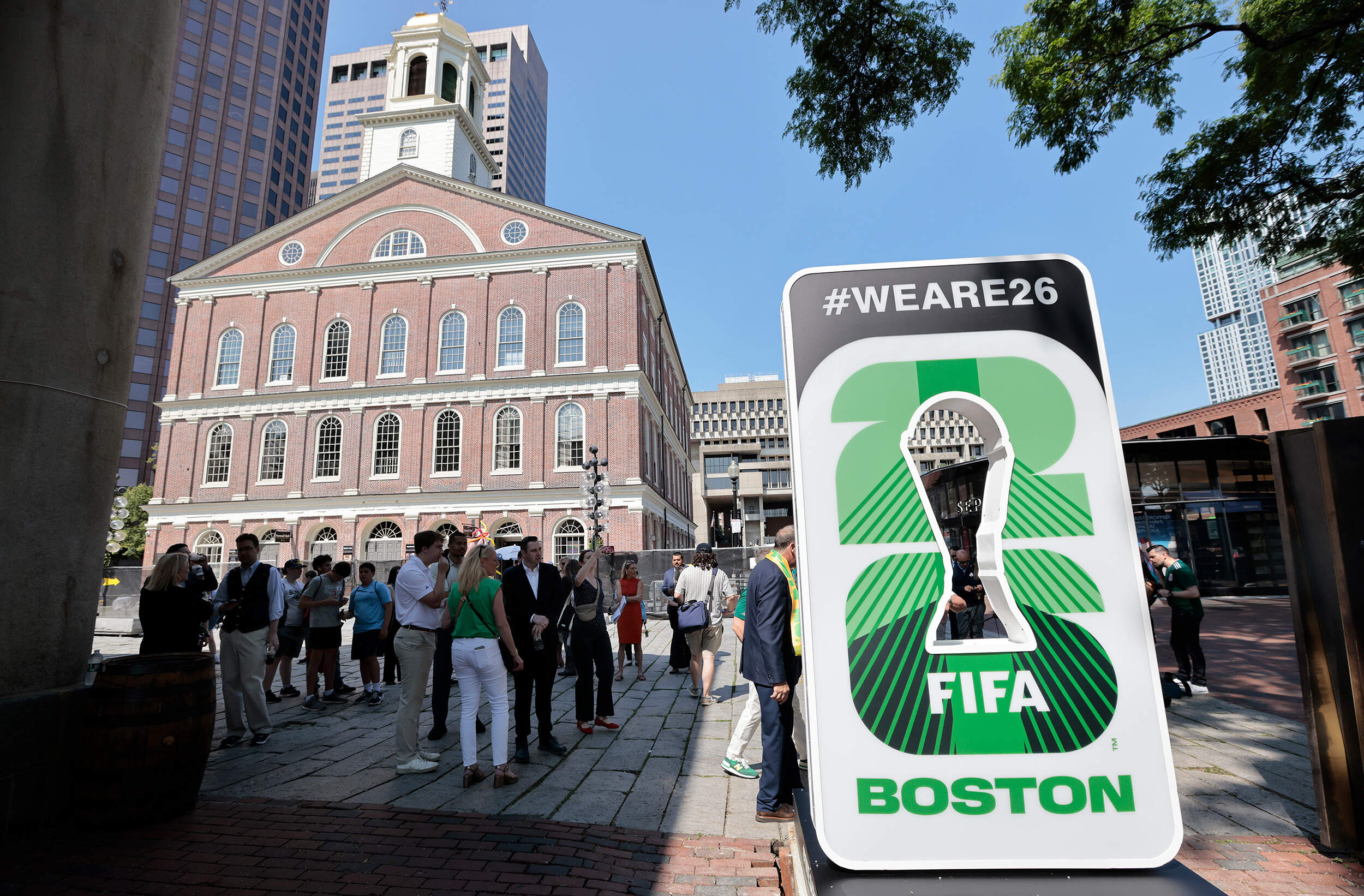 The World Cup 2026 Countdown Clock is placed next to Faneuil Hall on June 11, 2025. (Pat Greenhouse/The Boston Globe via Getty Images)