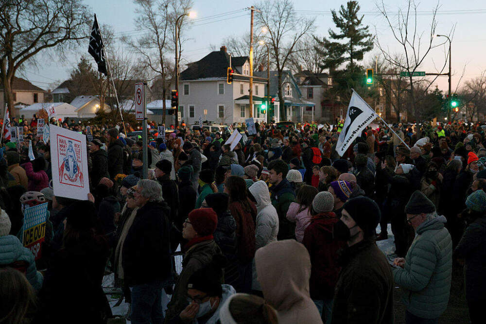 People gather for a vigil following a shooting by an ICE agent during federal law enforcement operations on January 07, 2026 in Minneapolis, Minnesota. (David Berding/Getty Images)