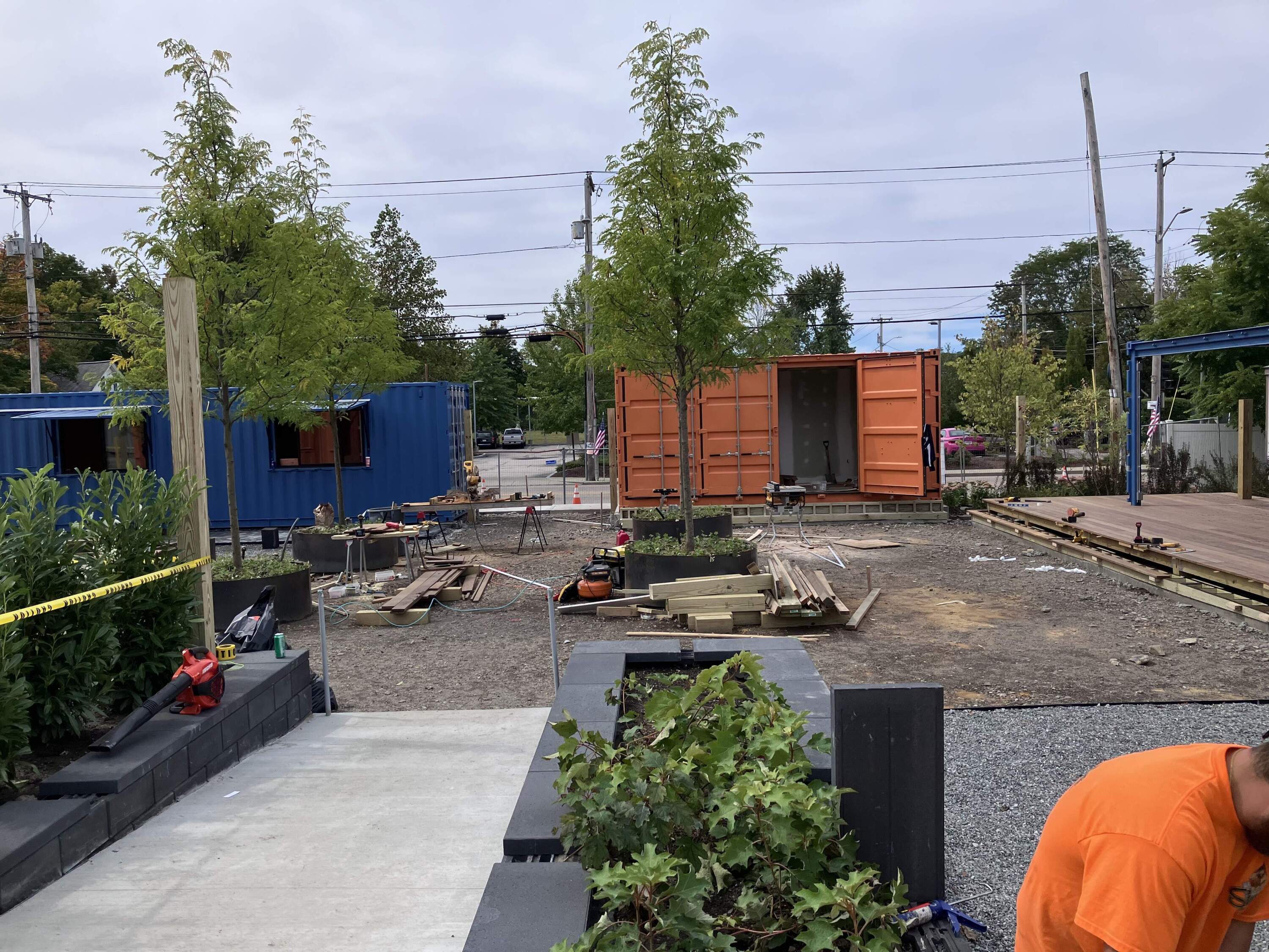 The construction site for a beer garden in Plainville, Massachusetts, scheduled to open in spring 2026. (Emiko Tamagawa/Here &amp; Now)