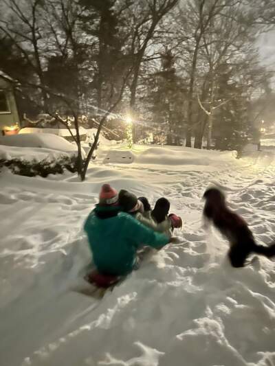 The author's family sleds down the street during a recent storm. (Cloe Axelson/WBUR)