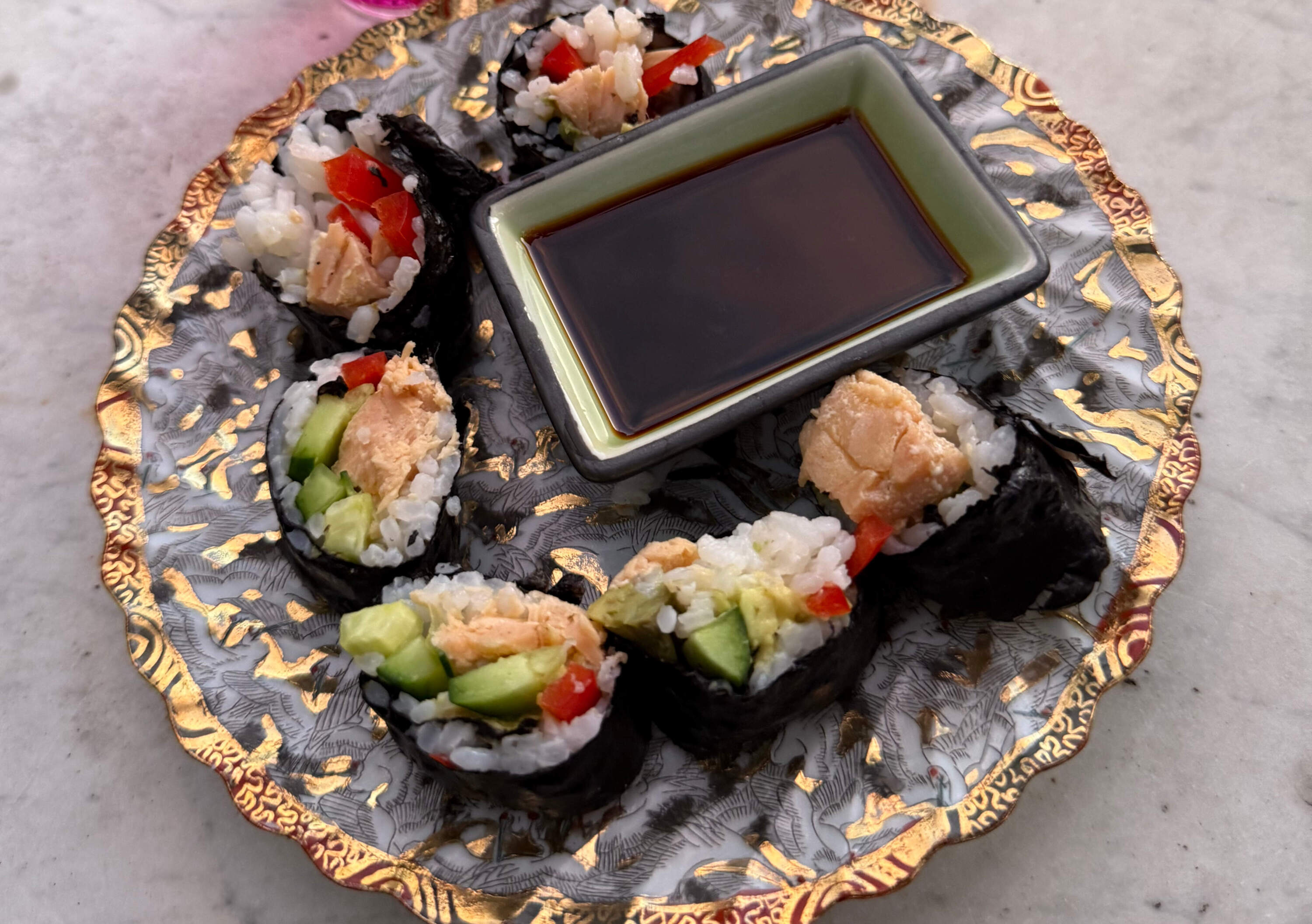 Tinned fish and vegetable nori sushi rolls. (Kathy Gunst/Here &amp; Now)
