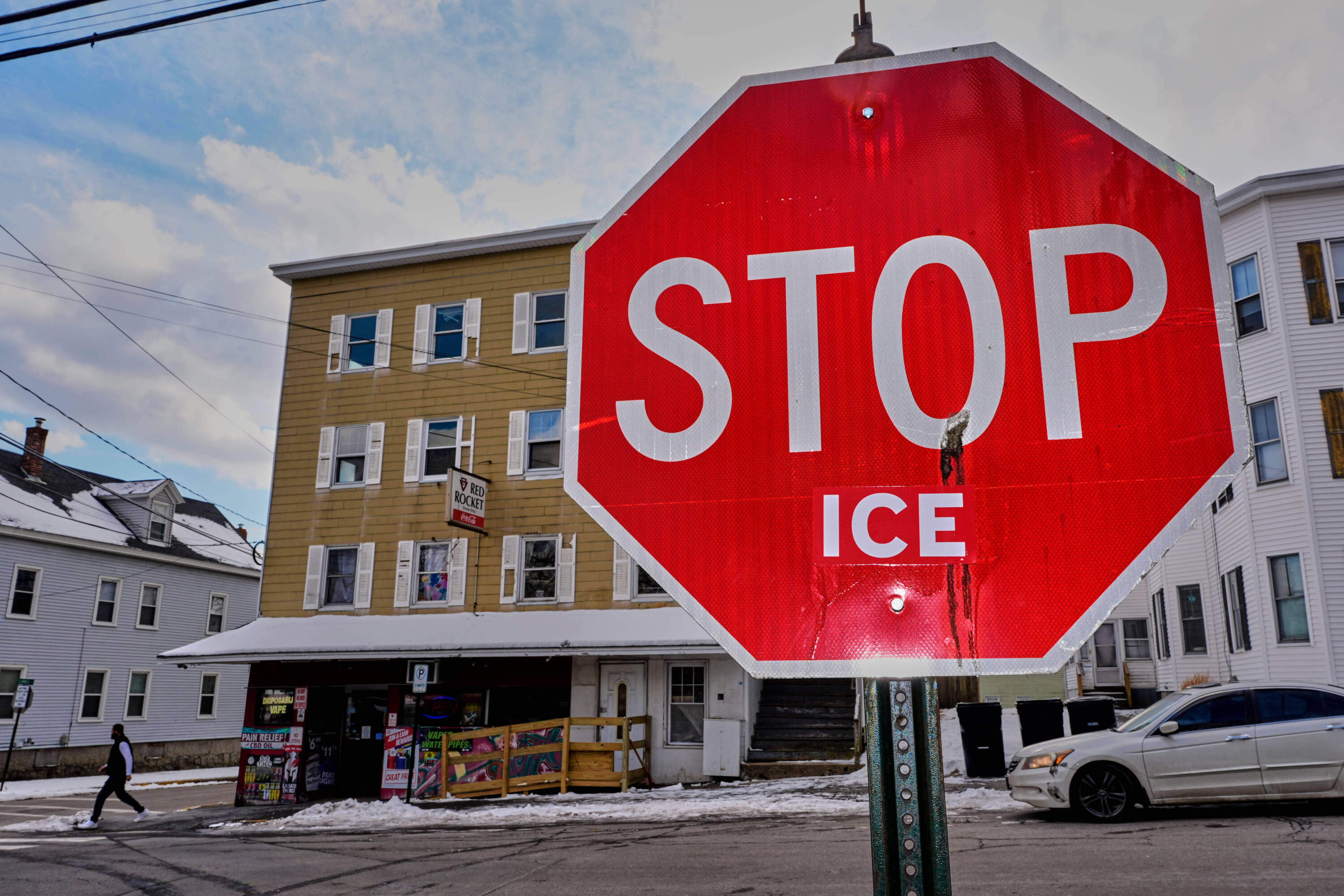 Anti-ICE sentiment is expressed on a traffic sign in Biddeford, Maine.(Robert F. Bukaty/AP)