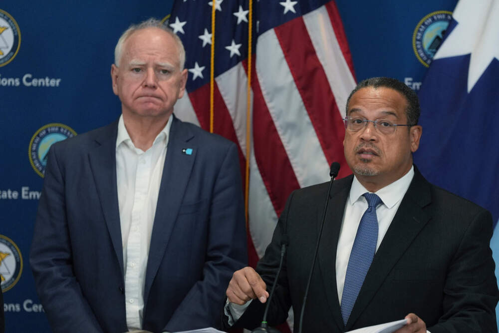 Minnesota Attorney General Keith Ellison, right, and Minnesota Gov. Tim Walz give a news conference on Sunday, Jan. 25, 2026. (Abbie Parr/AP)