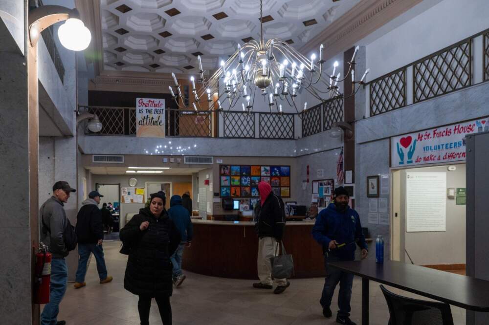 The day shelter's old lobby featured marble walls and floors, which caused sound to reverberate. (Courtesy of St. Francis House)