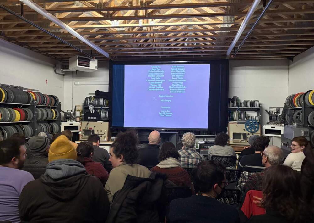 A nearly sold-out crowd gathers at Kinonik on Dec. 10, 2025 for a screening of Whisky Galore!, a comedy from 1949. (Nicole Ogrysko/Maine Public)
