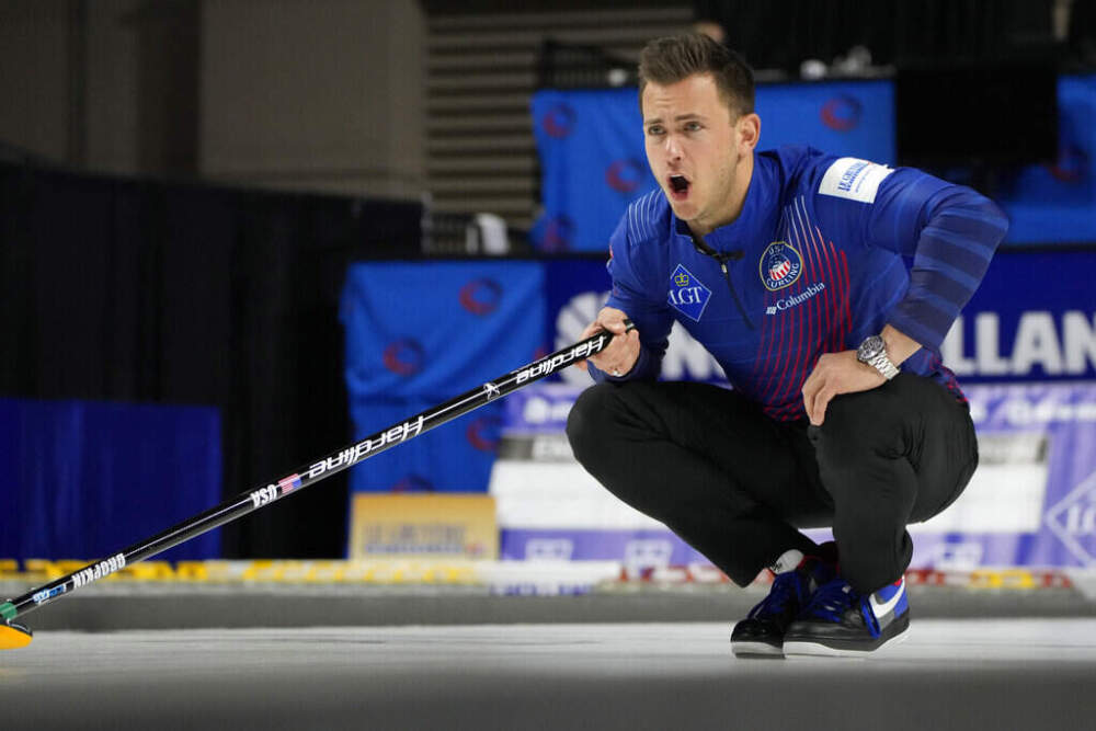 Korey Dropkin reacts after delivering a stone for the United States during a bronze medal game at the World Men's Curling Championships, April 10, 2022, in Las Vegas. (John Locher/AP)