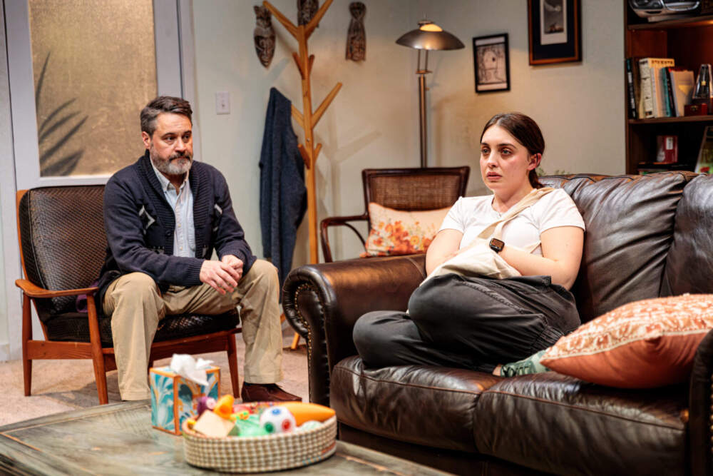 Dennis Trainor Jr. (left) and Josephine Moshiri Elwood in SpeakEasy Stage Company's production of "Job." (Courtesy Benjamin Rose Photography)